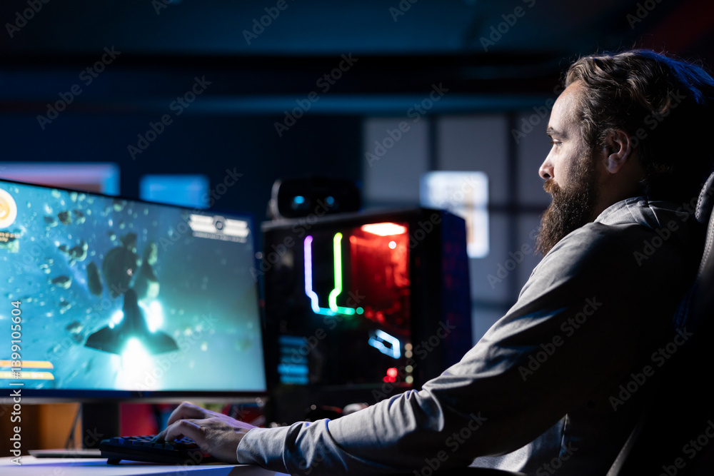 Poster man playing high fps singleplayer videogame with spaceship shooting laser streams at asteroid. gamer