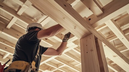 A construction site carpenter installing wooden beams for a ceiling frame. Featuring skill and precision