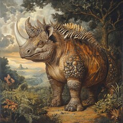 Fototapeta premium Armored Rhinoceros: An imposing creature in a fantastical landscape, blending prehistoric might with artistic flair, rich texture, and detail.