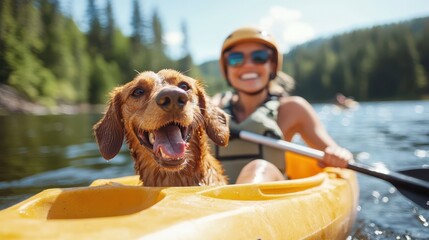 Cheerful woman enjoys a sunny kayaking adventure with her happy dog