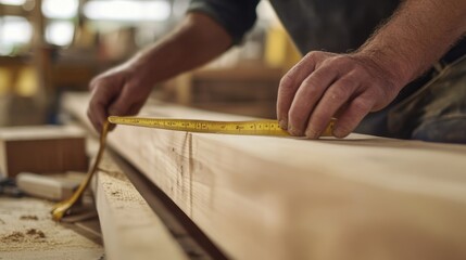 Obraz premium A construction site carpenter measuring wooden planks for framing. Featuring accuracy and focus