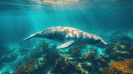 Majestic Dugong Gracefully Navigating Coral Reefs