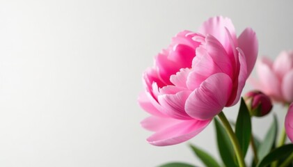 Fototapeta premium Pink peony flowers in full bloom against soft white background, serene, garden