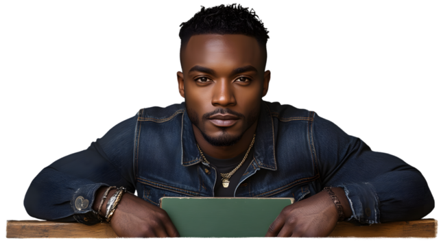 Man with Denim Jacket and Notebook Serious Pose