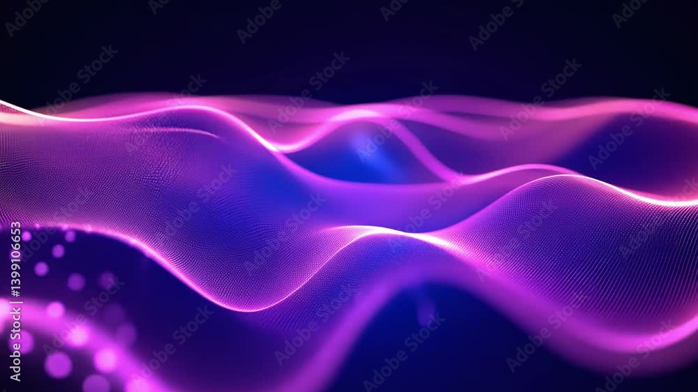 Poster dynamic abstract wave pattern smooth curves in glowing purple and blue, evoking energy and movement 