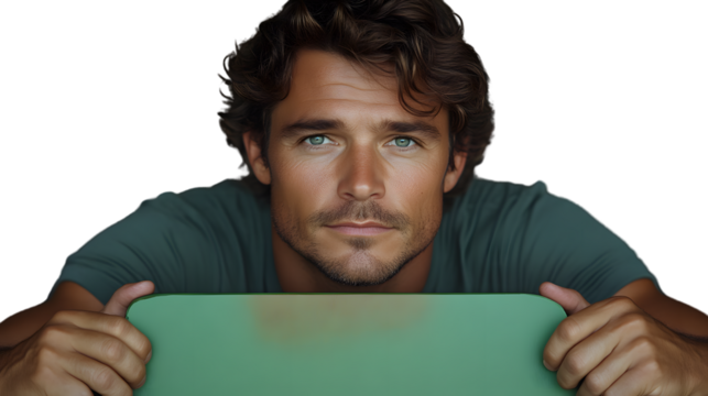 Man with green eyes looking over a green surface