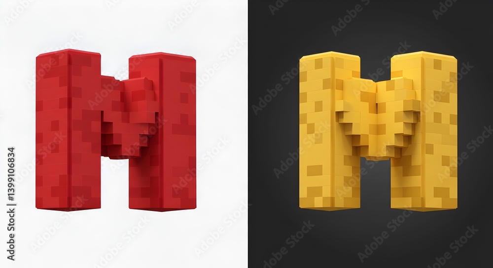 Poster pixelated letter m rendered in contrasting colors with blocky 3d design