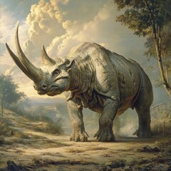 Fototapeta premium A majestic, prehistoric rhinoceros strides across a sun-drenched savanna. The creature's horn is prominent against a backdrop of trees.