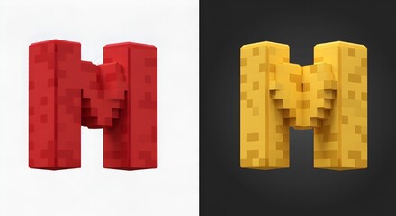 Pixelated Letter M Rendered in Contrasting Colors with Blocky 3D Design