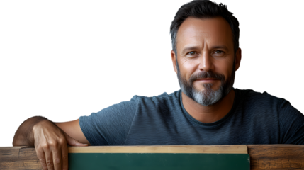 Mature man with beard leaning on wooden surface with chalkboard studio portrait black backgr