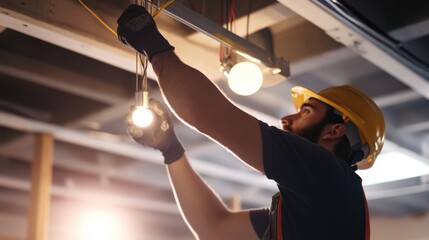 A construction site electrician installing a new light fixture in a commercial building. Featuring precision and expertise
