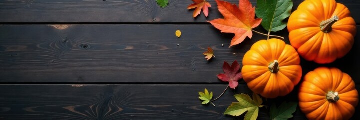 Pumpkin and leaf arrangement on dark wooden table ,  harvest,  home decor