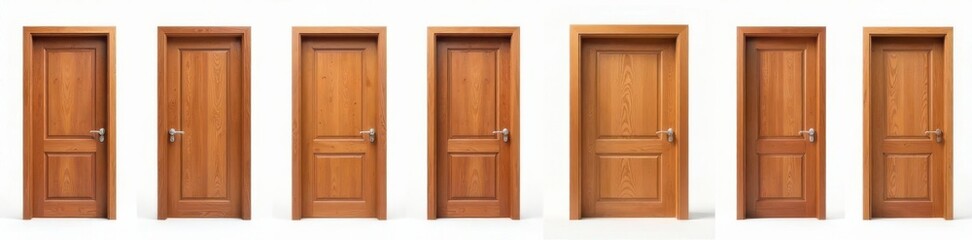 Modern wooden door collection with various positions on white background , open and closed, modern doors