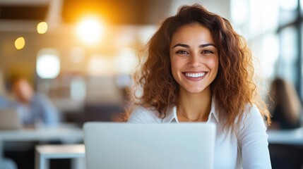 Latin office worker smiles while using laptop in bright meeting room