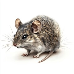 A small rodent with a slender tail. The mouse is delicately textured with intricate details, displaying its small features.