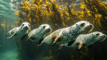 Fototapeta premium Underwater Wonders: A Quartet of Harbor Seals Gracefully Navigating a Kelp Forest