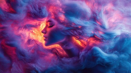 Surreal Woman Face in Vibrant Colorful Smoke Clouds