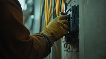 A construction site electrician testing a circuit breaker. Featuring technical skill and focus