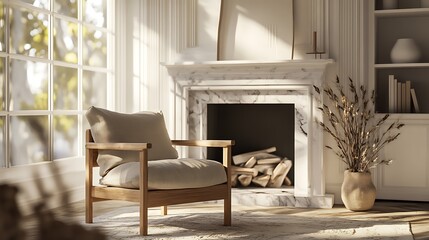 Fototapeta premium Bright and airy living room featuring a cozy beige armchair, a stylish marble fireplace, and warm sunlight streaming through large windows with greenery outside