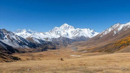 Fototapeta premium Panoramic View Of Snowy Mountain Range Valley With Autumn Colors