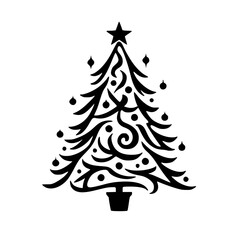 Black & White Christmas Tree Vector, Festive Silhouette