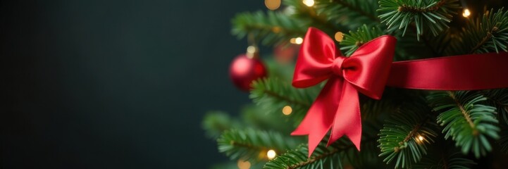 Red gift ribbon draped over a Christmas tree , holiday decorations, Christmas tree