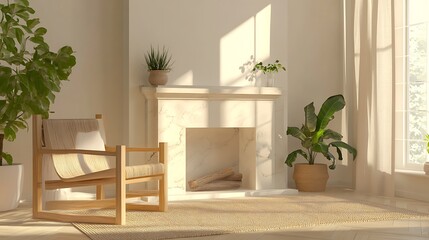 Bright and airy living space featuring a minimalist design, natural light flooding in through large windows, indoor plants in ceramic pots, and a cozy wooden armchair by a stone fireplace