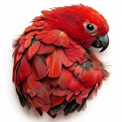 Obraz premium Crimson Parrot Portrait: A striking close-up of a parrot with vibrant red plumage against a clean white background, showcasing its unique beauty.