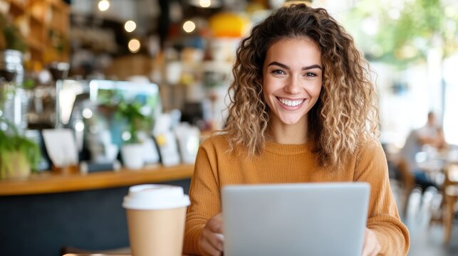 Confident young woman enjoys coffee while working on laptop in cafe