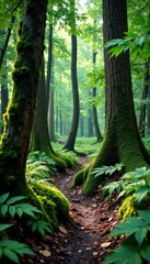 Obraz premium Muddy forest floor with moss-covered tree trunks and ferns, trees, forest