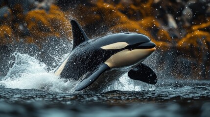 Obraz premium Majestic Orca Leaping from the Ocean's Embrace