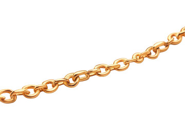 Close-up of a shiny gold chain with interlocking links on a white background.