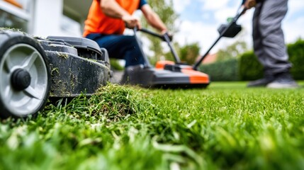 Men trimming grass with lawn mower and blower on a sunny day