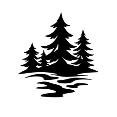 Silhouetted Pine Trees and Water: Black and White Illustration