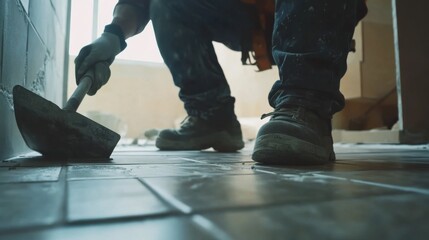 Obraz premium A construction site mason applying grout between tiles on a floor. Featuring focus and precision