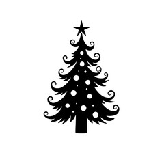 Black & White Christmas Tree Silhouette with Ornaments & Star