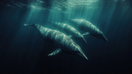 Fototapeta premium Mesmerizing Underwater Ballet: Three Cuvier's Beaked Whales Gracefully Glide Through the Ocean Depths