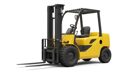 Forklift truck industrial equipment, 3D rendering on a pristine white backdrop