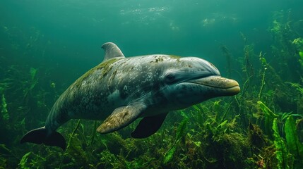 Fototapeta premium Spectacular Underwater Shot of a Dolphin in a Lush Aquatic Environment