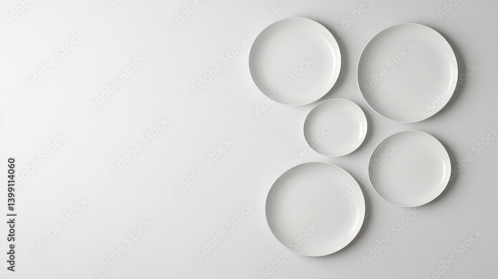 Poster a set of artful decorative plates hanging on a wall, minimalistic and sleek design with empty space 