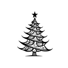 Black & White Hand-Drawn Christmas Tree Illustration - Ornamental Design