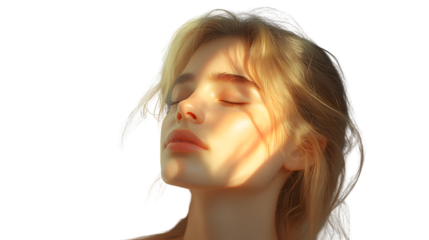 Serene Blonde Woman with Closed Eyes Basking in Sunlight Peaceful Expression Soft Lighting B