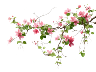 isolated transparent Background. Delicate pink flowers blooming on vine with lush green leaves, creating serene atmosphere