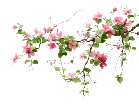 isolated transparent Background. Delicate pink flowers blooming on vine with lush green leaves, creating serene atmosphere