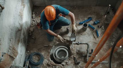 A construction site plumber installing a drainage system in a building. Featuring expertise and technical skill