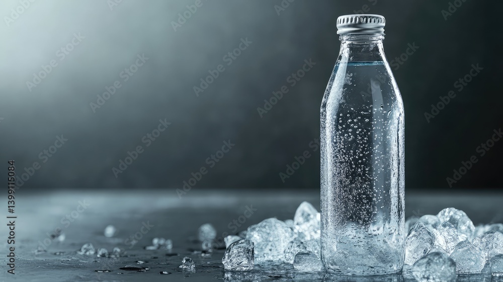 Aufkleber chilled water bottle on ice with light reflecting on surface and empty background space.