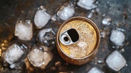 Can of beer with open tab on metal surface, surrounded by ice cubes and negative space.
