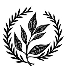 Botanical Linocut: Black Leaves and Wreath on White