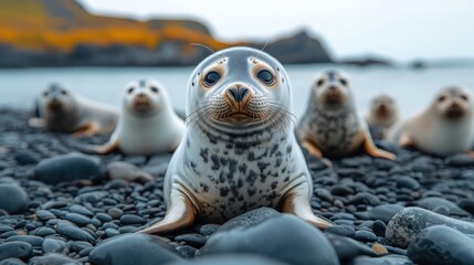 Obraz premium Adorable Seal Pups on Rocky Beach