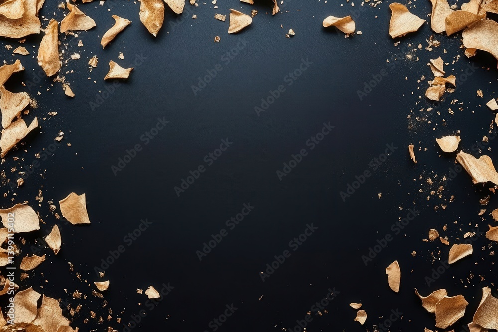 Poster flat lay of a black background adorned with golden confetti along the edges, creating a festive and 
